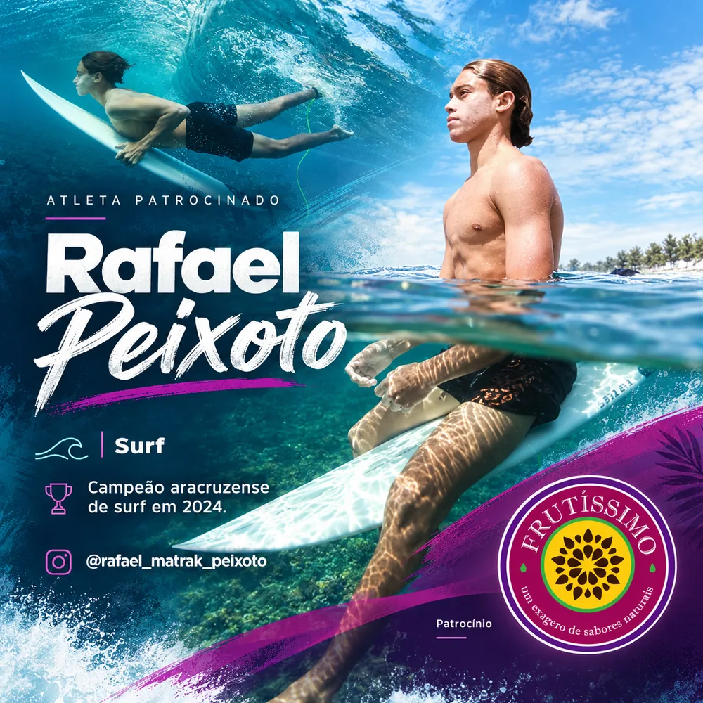 Arte de patrocínio: Rafael Peixoto, surfista, campeão aracruzense de surf em 2024, patrocinado pela Frutíssimo