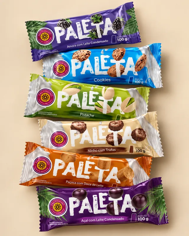 Embalagens das paletas Frutíssimo: amora, cookies, pistache, ninho com trufas, paçoca e açaí