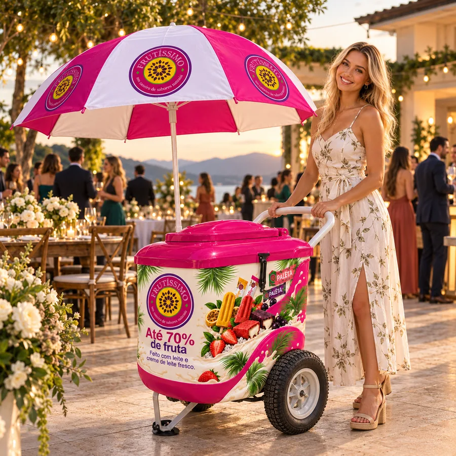 Carrinho de picolé Frutíssimo com guarda-sol em uma festa ao ar livre, ao pôr do sol