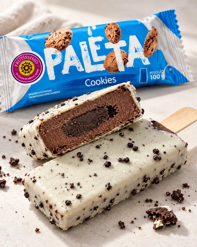 Paleta Cookies Frutíssimo cortada, com cobertura branca, pedaços de cookies e recheio de chocolate