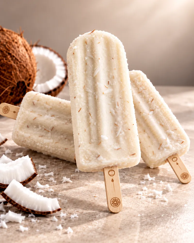 Três picolés de coco branco Frutíssimo sem embalagem, com raspas de coco
