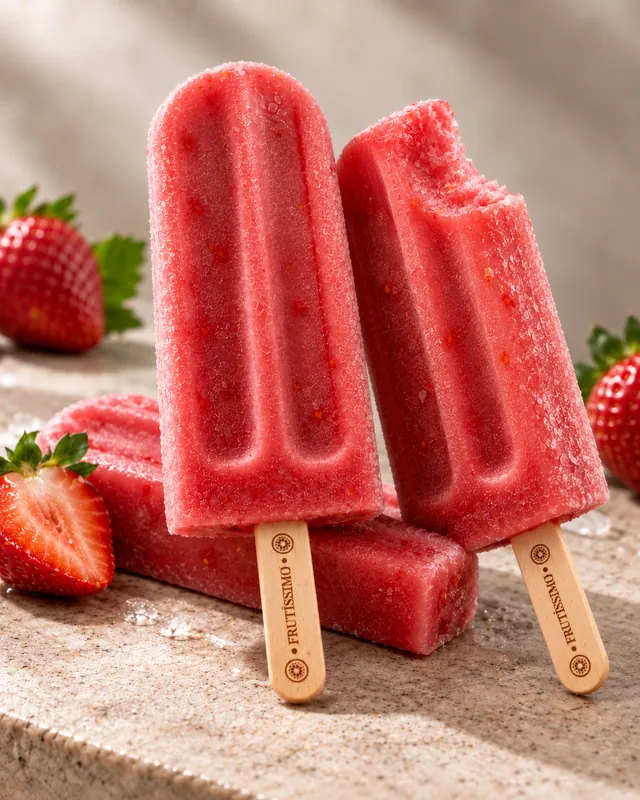 Dois picolés de morango Frutíssimo, um deles com uma mordida, ao lado de morangos