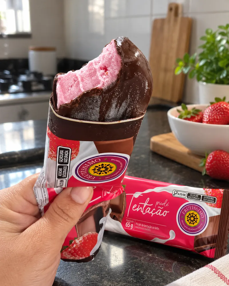 Mão segurando um picolé Tentação Frutíssimo mordido, com recheio de morango ao leite e cobertura de chocolate