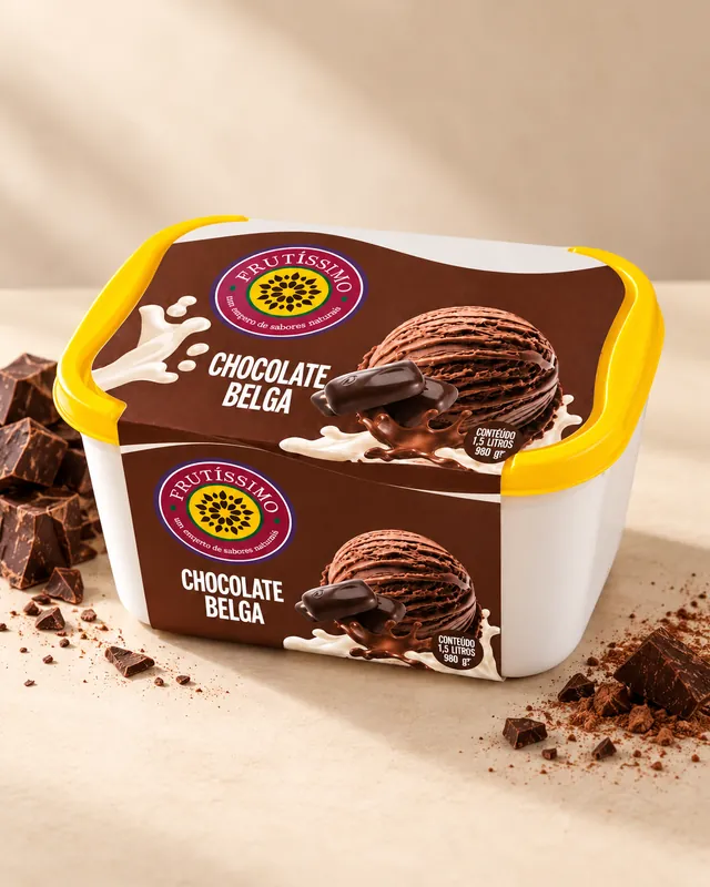 Pote de 1,5 litro do sorvete Chocolate Belga Frutíssimo, com pedaços de chocolate ao lado
