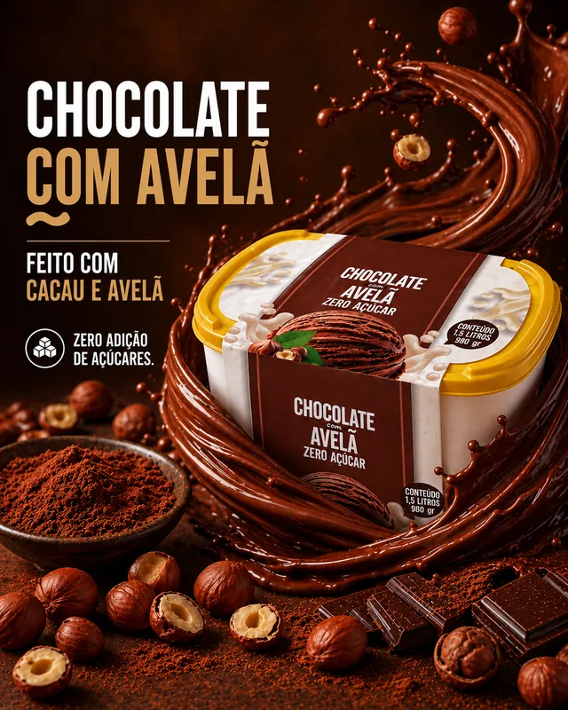 Pote de 1,5 litro do sorvete Chocolate com Avelã Zero Açúcar Frutíssimo, cercado de calda de chocolate, cacau e avelãs